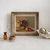 Old oil painting on canvas flowers apples
