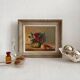 Antique oil painting on canvas with flowers and apples