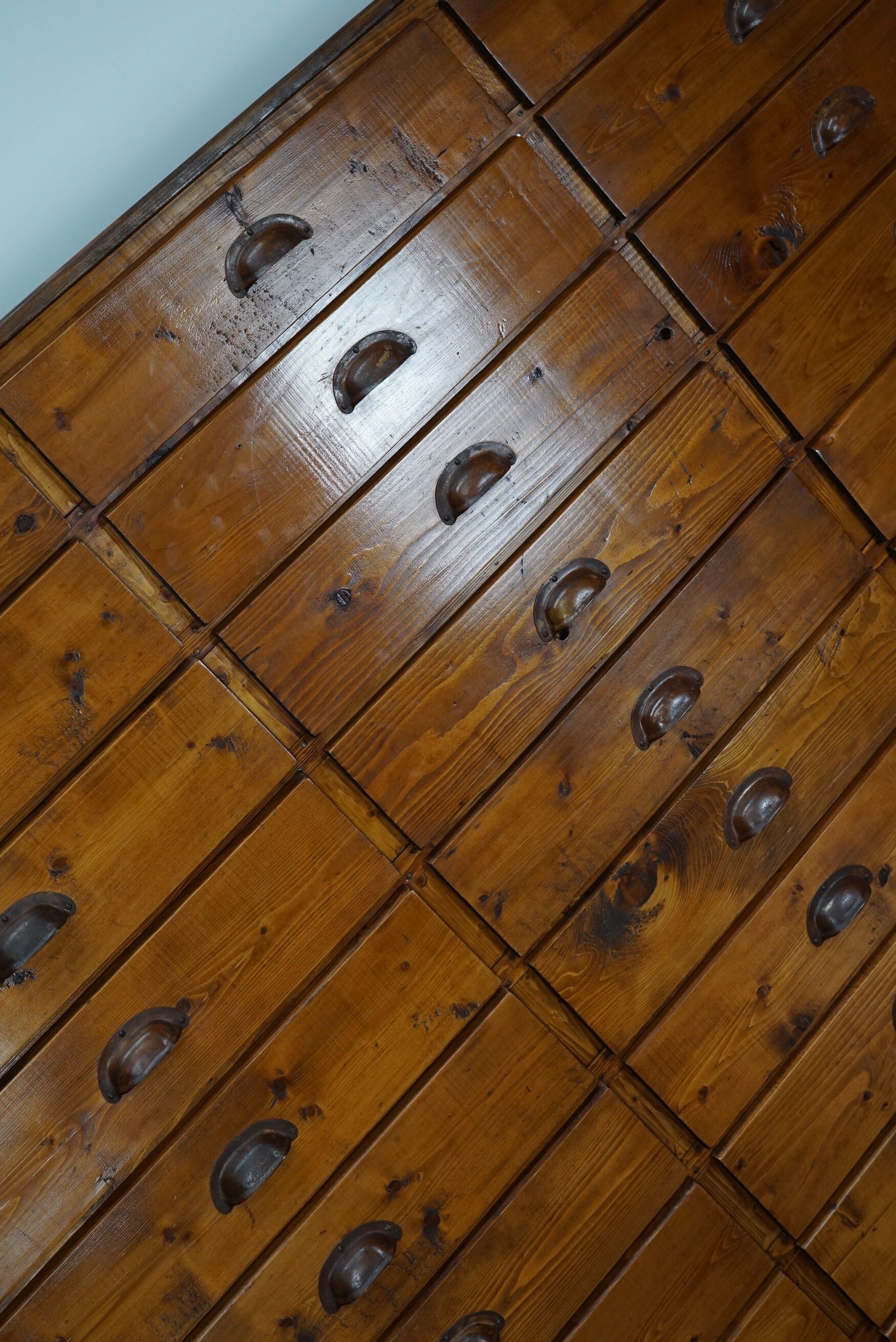 Dutch pine industrial apothecary cabinet, 1950s