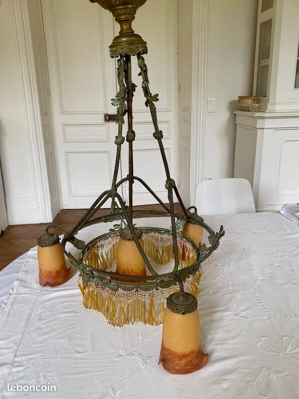 19th century electrified chandelier. Frosted Glass and Bronze