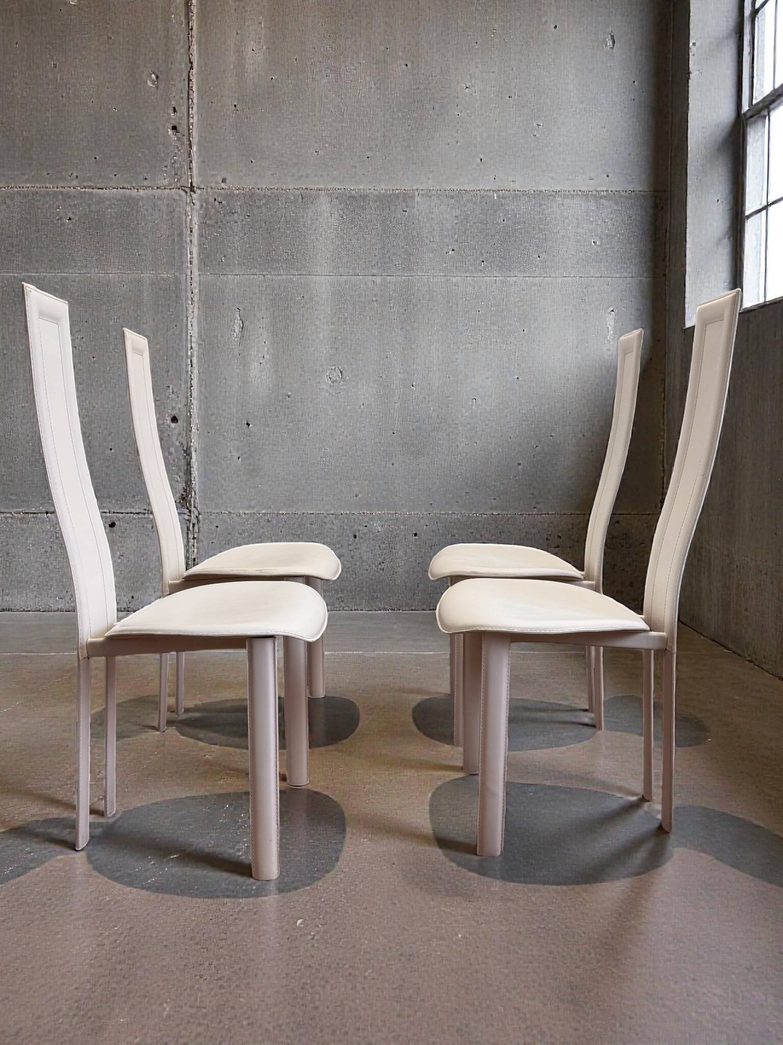 Set of 4 Cattelan Italia white leather chairs from the 1980s, vintage Italian design