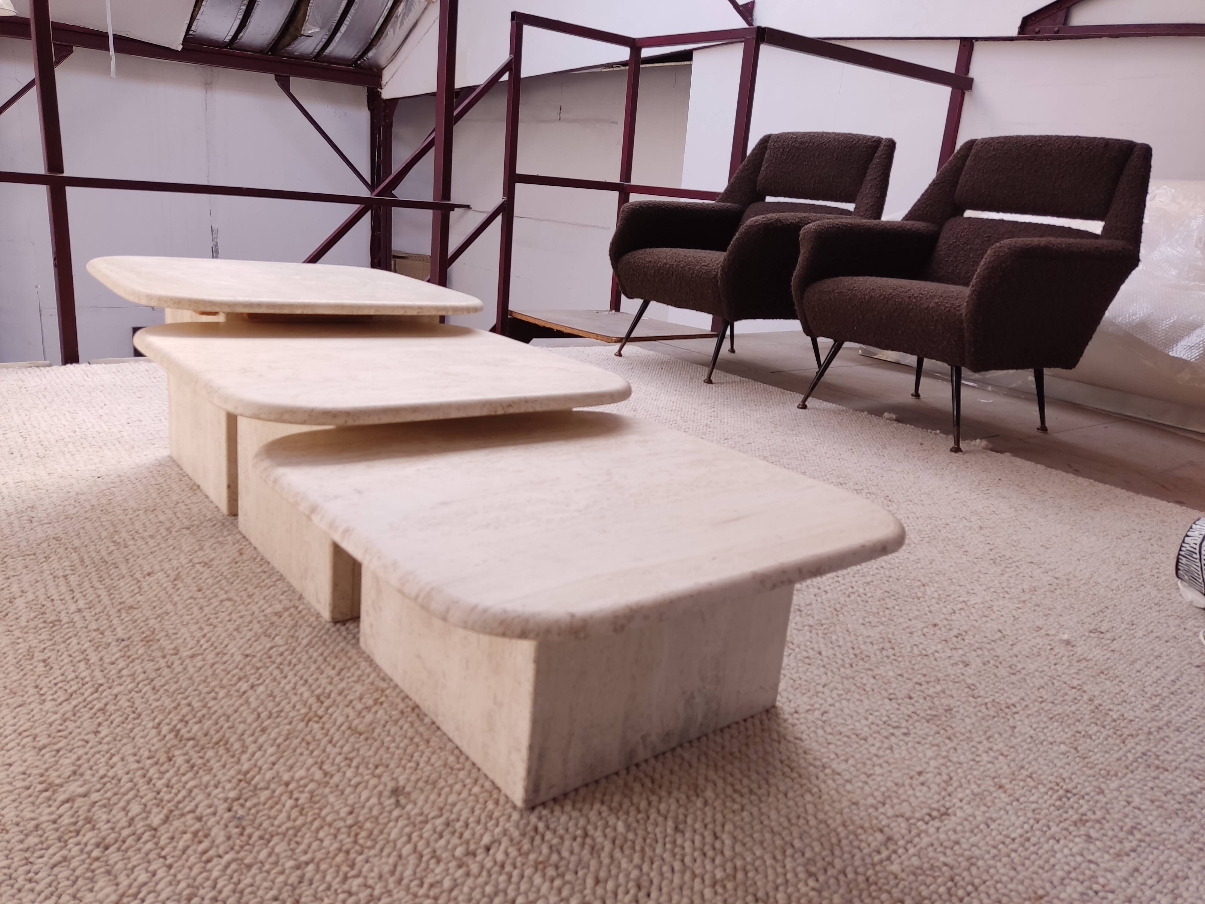 3 travertine trundle tables 1970