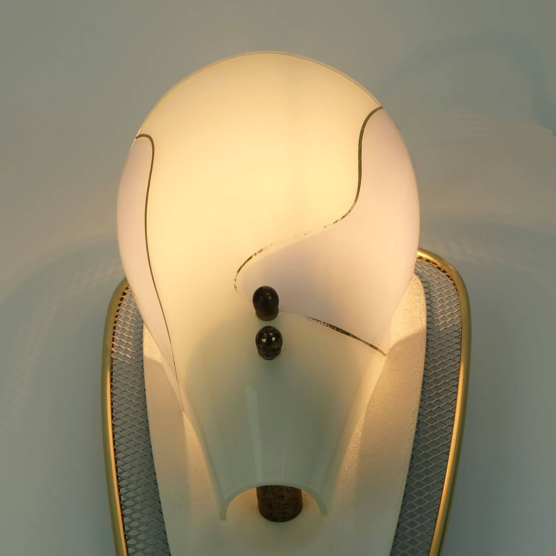 1950s sconce metal mesh and brass with glass shade