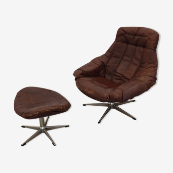 Swivel armchair and stool by h. w. klein for bramin, 1970s, set of 2