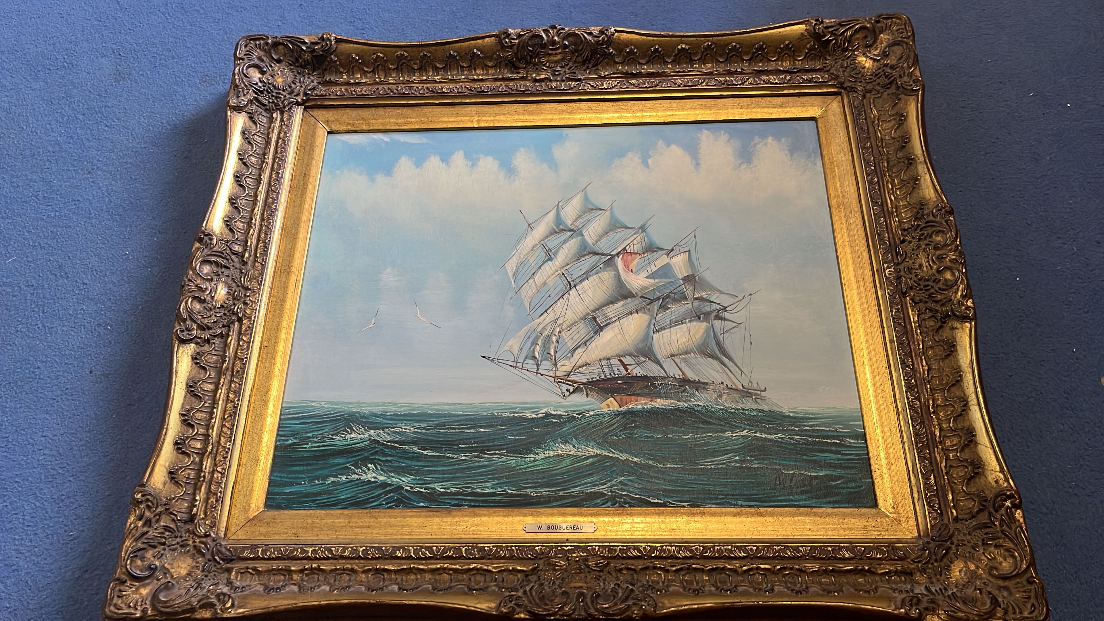 Maritime tableau 3 masts gold frame, sculpted