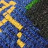 Handwoven floral wool rug, black background with pink roses and geometric design 207x144cm