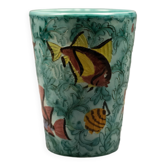 Earthenware vase decorated with fish signed Monaco Cerart