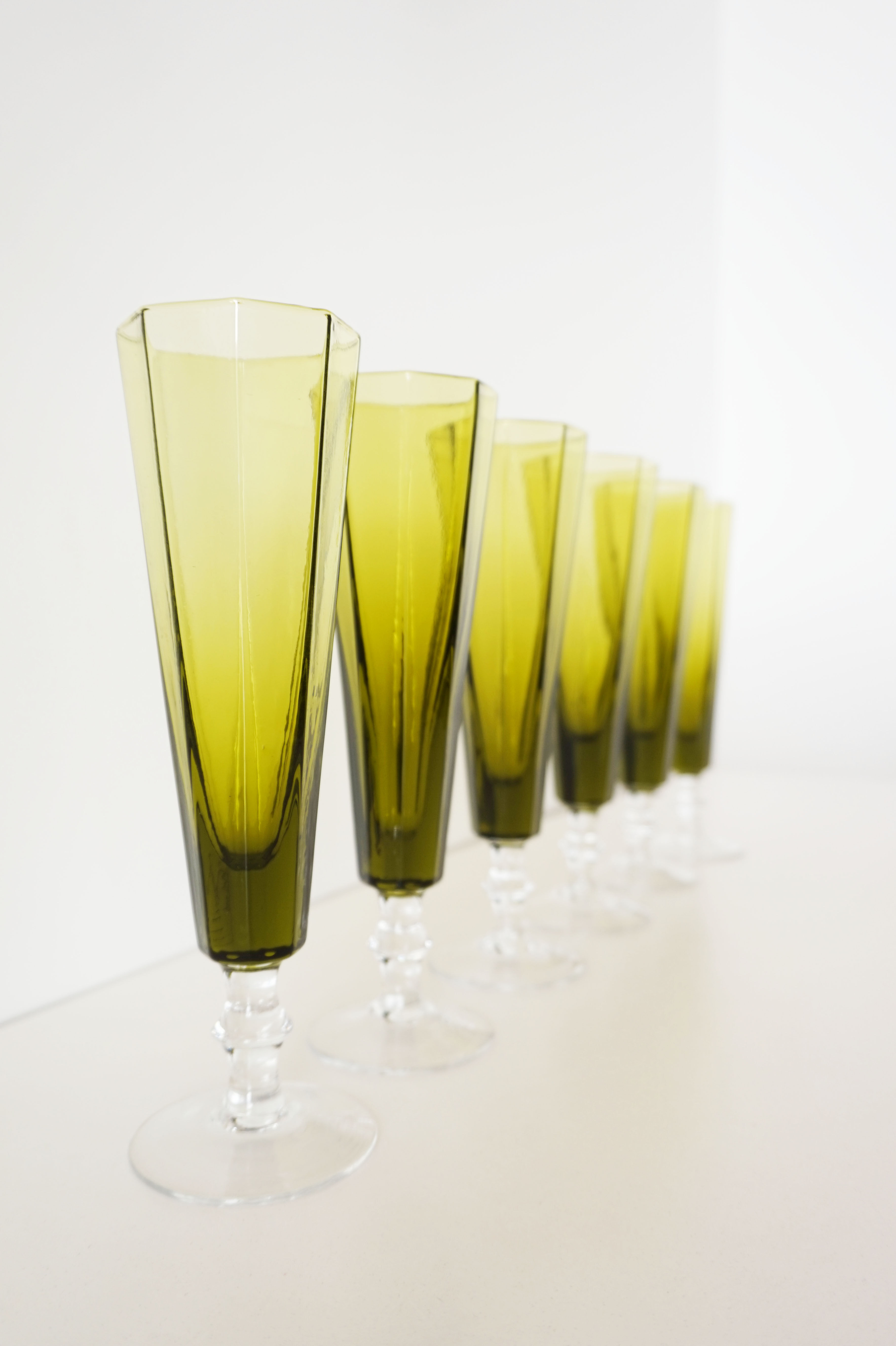 6 Vintage champagne flutes in green glass