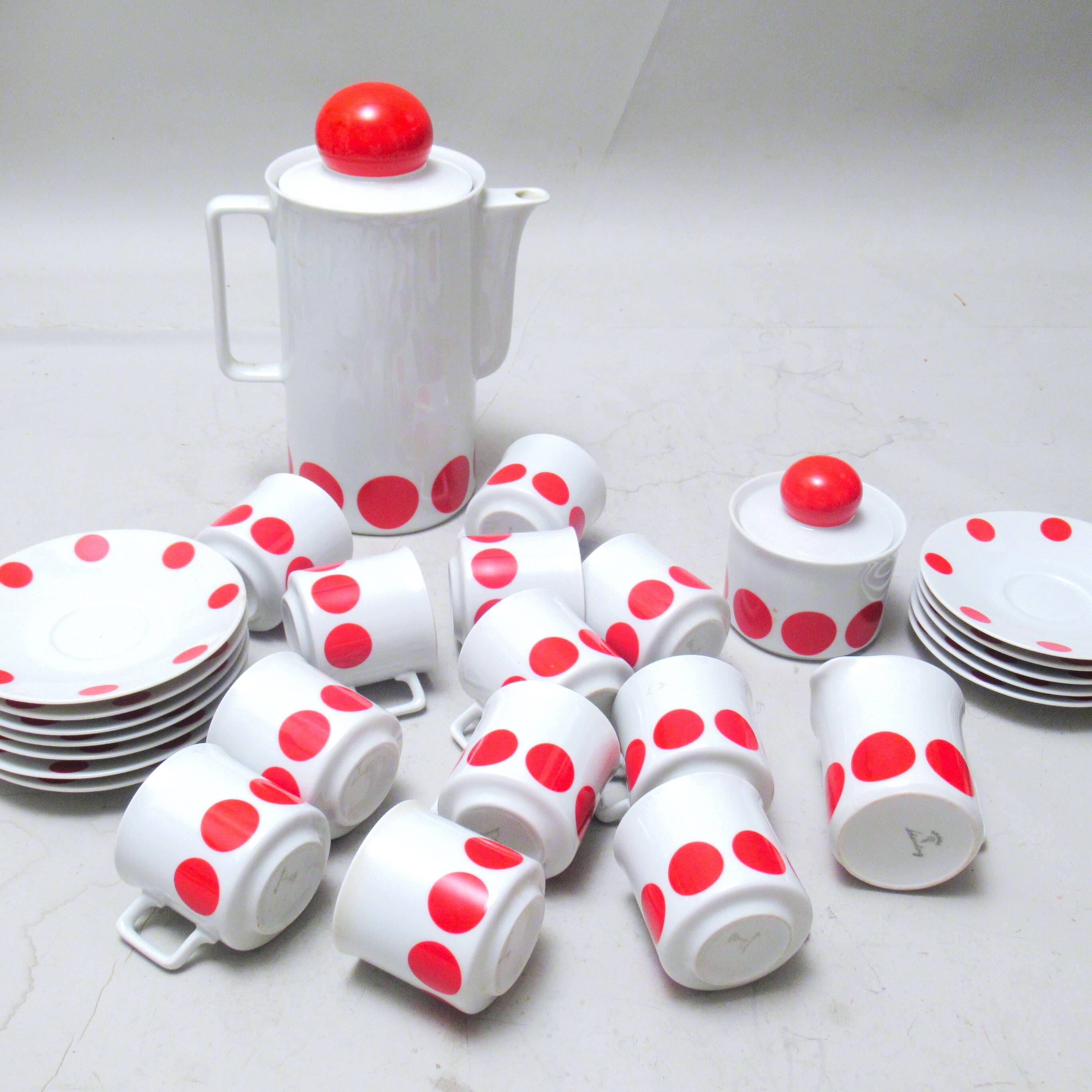 70s red polka dot porcelain coffee set