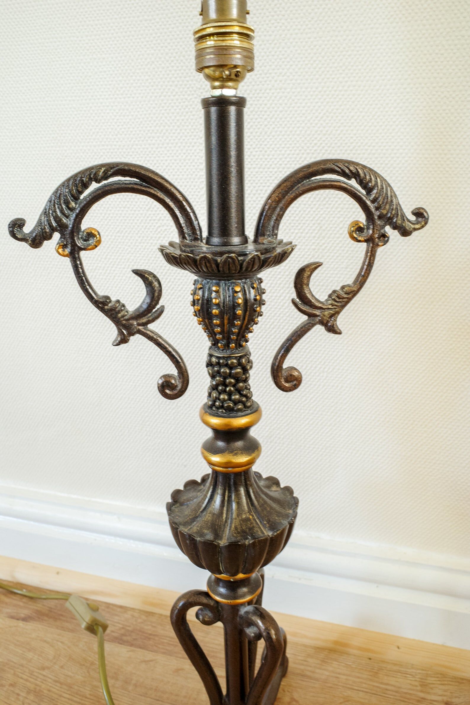 Vintage Large Black & Gold Iron Table Lamp Base, Antique 1950s Metal Bedside Lamp