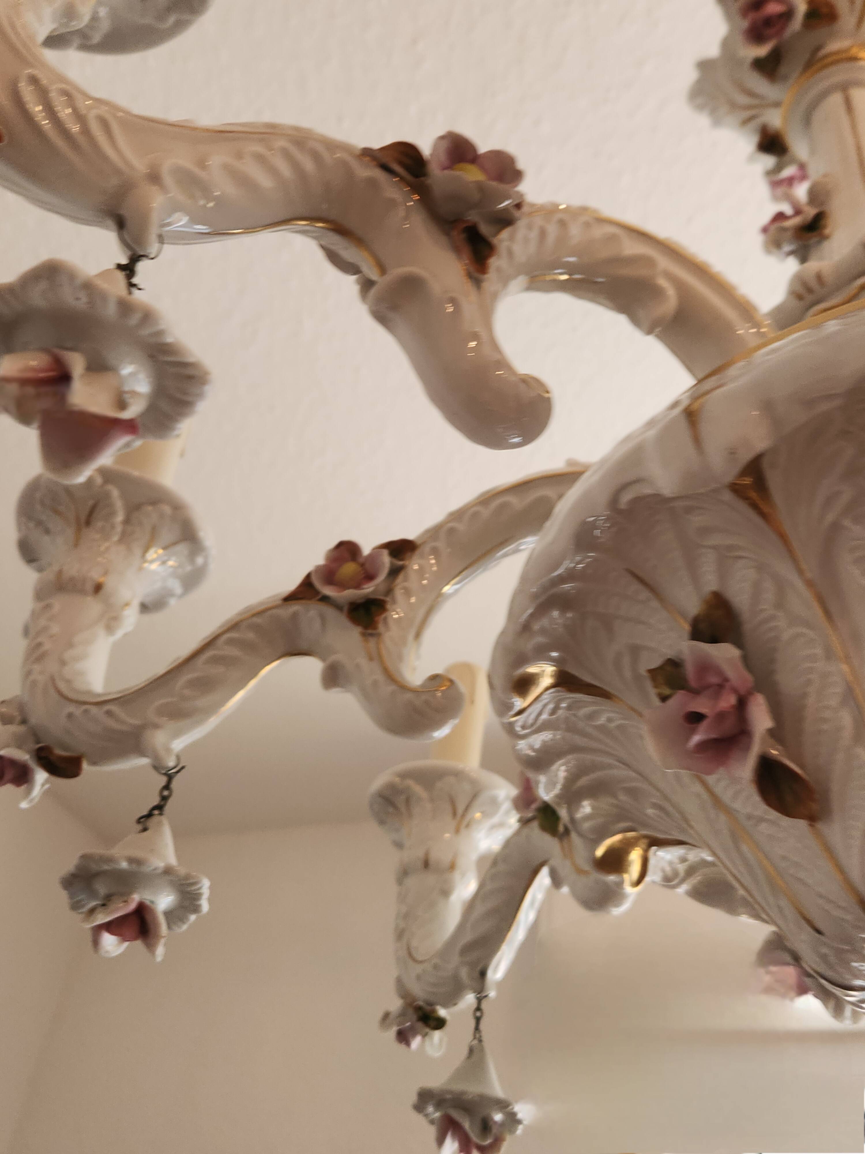 Large hand-painted gilded chandelier mangani ceramiche porcelain