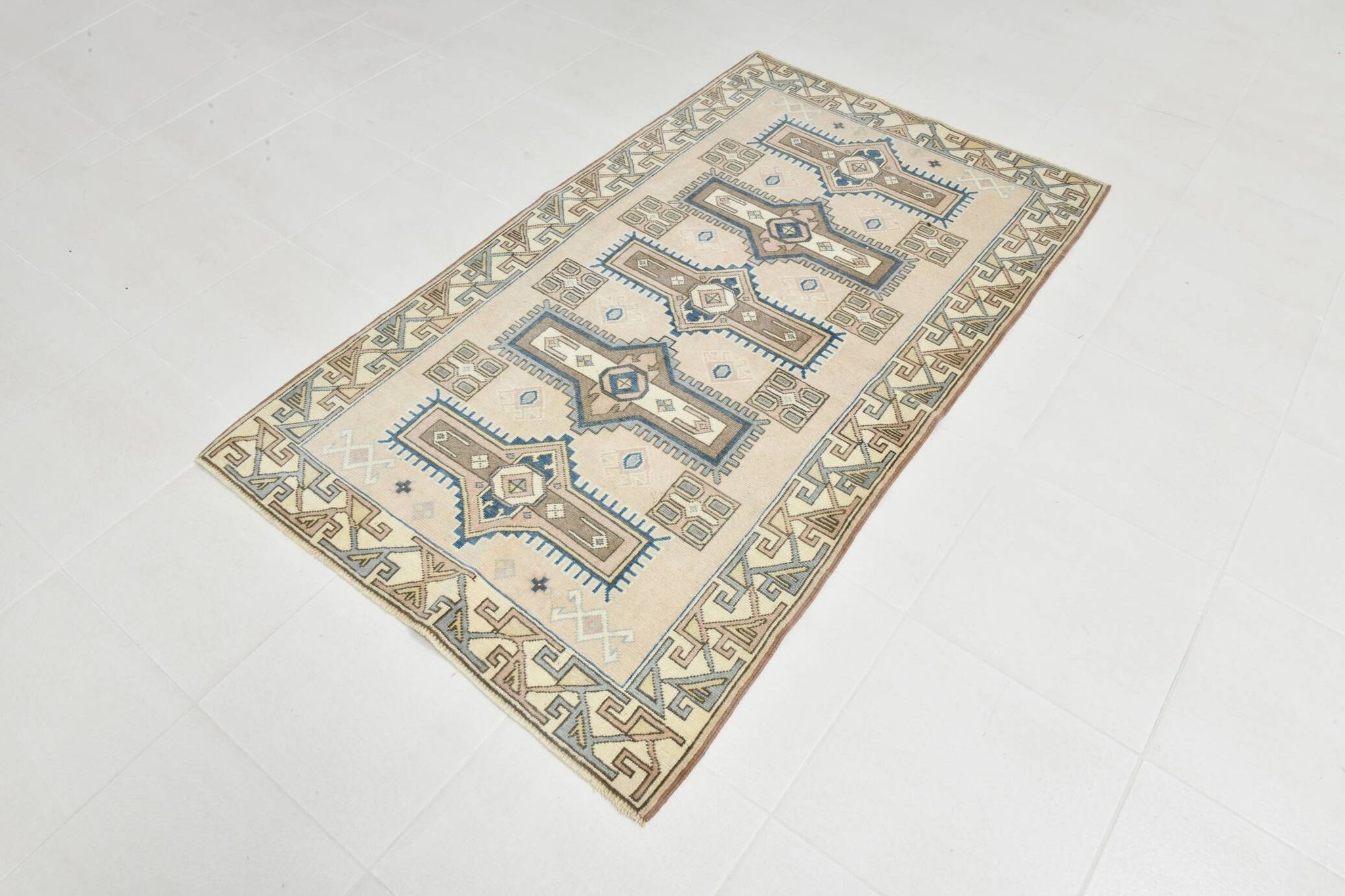 3x6 Cream Blue Oriental Vintage Rug, 109x187Cm