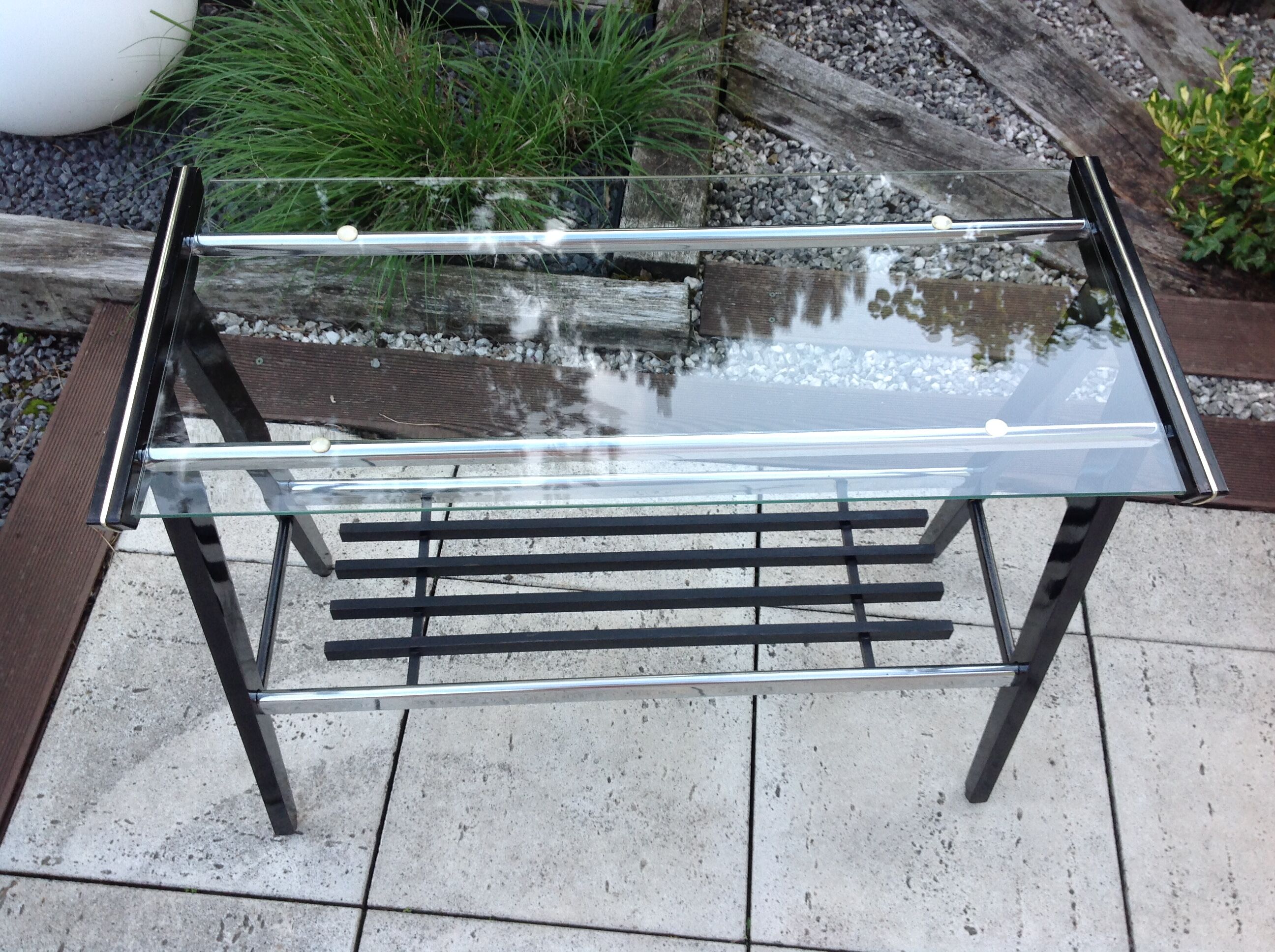 Console in black lacquered wood and chromed metal / vintage 60s-70s