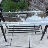 Console in black lacquered wood and chromed metal / vintage 60s-70s