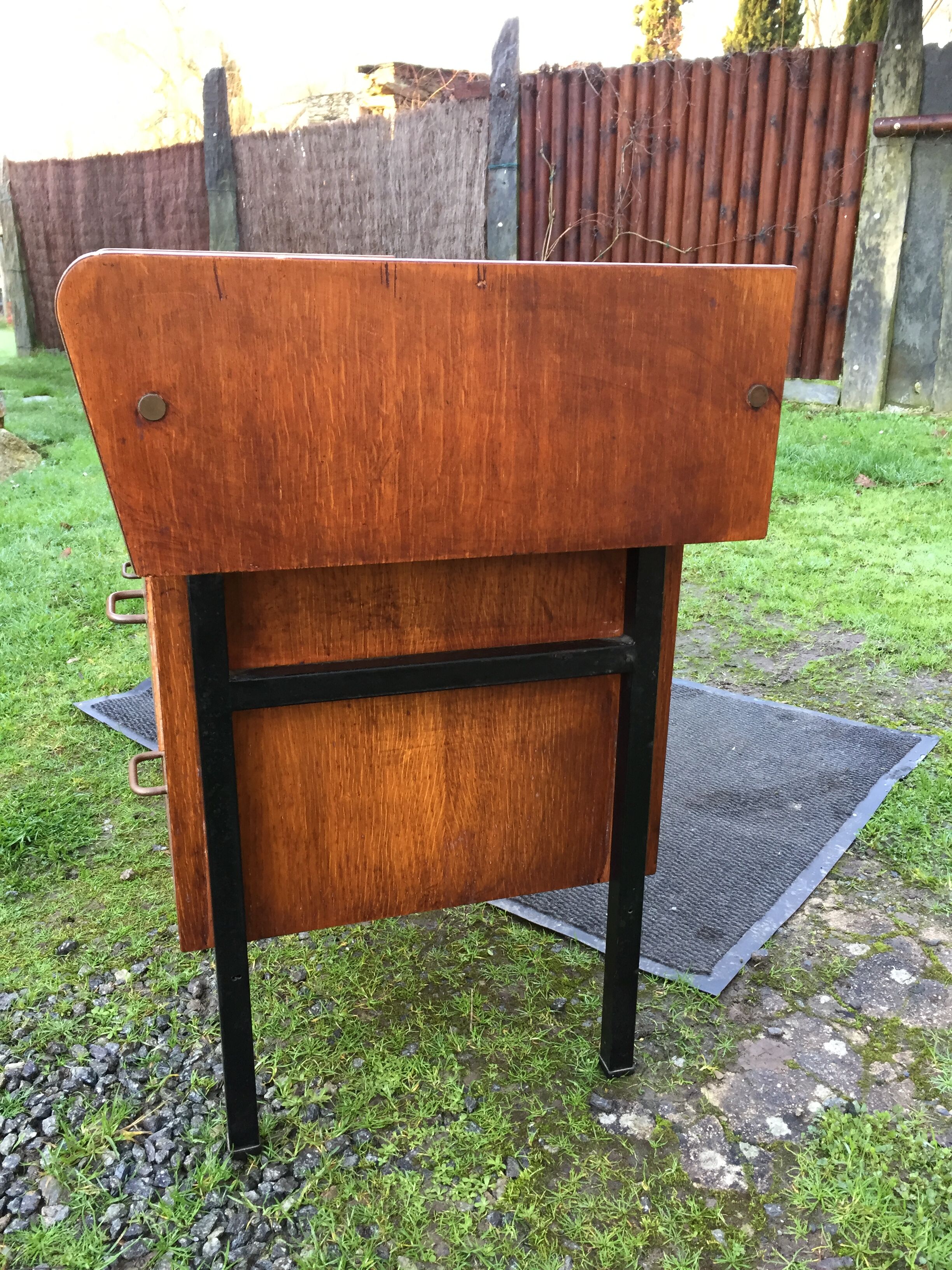 Vintage oak console desk table with square metal tube base (knitting machine)