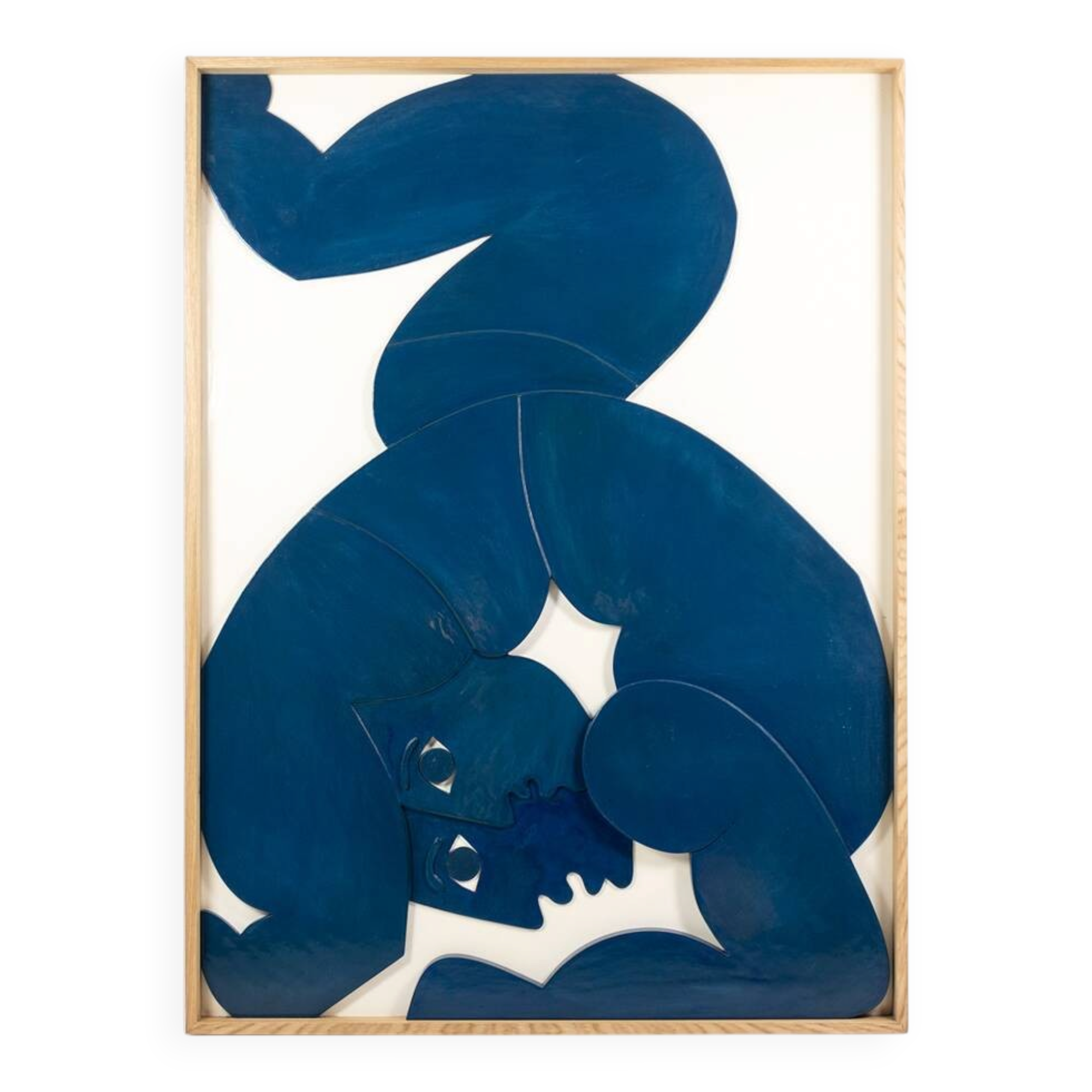 "The Twins". Bas-relief panel in blue lacquered wood. Contemporary.