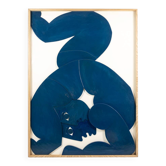 "The Twins". Bas-relief panel in blue lacquered wood. Contemporary.