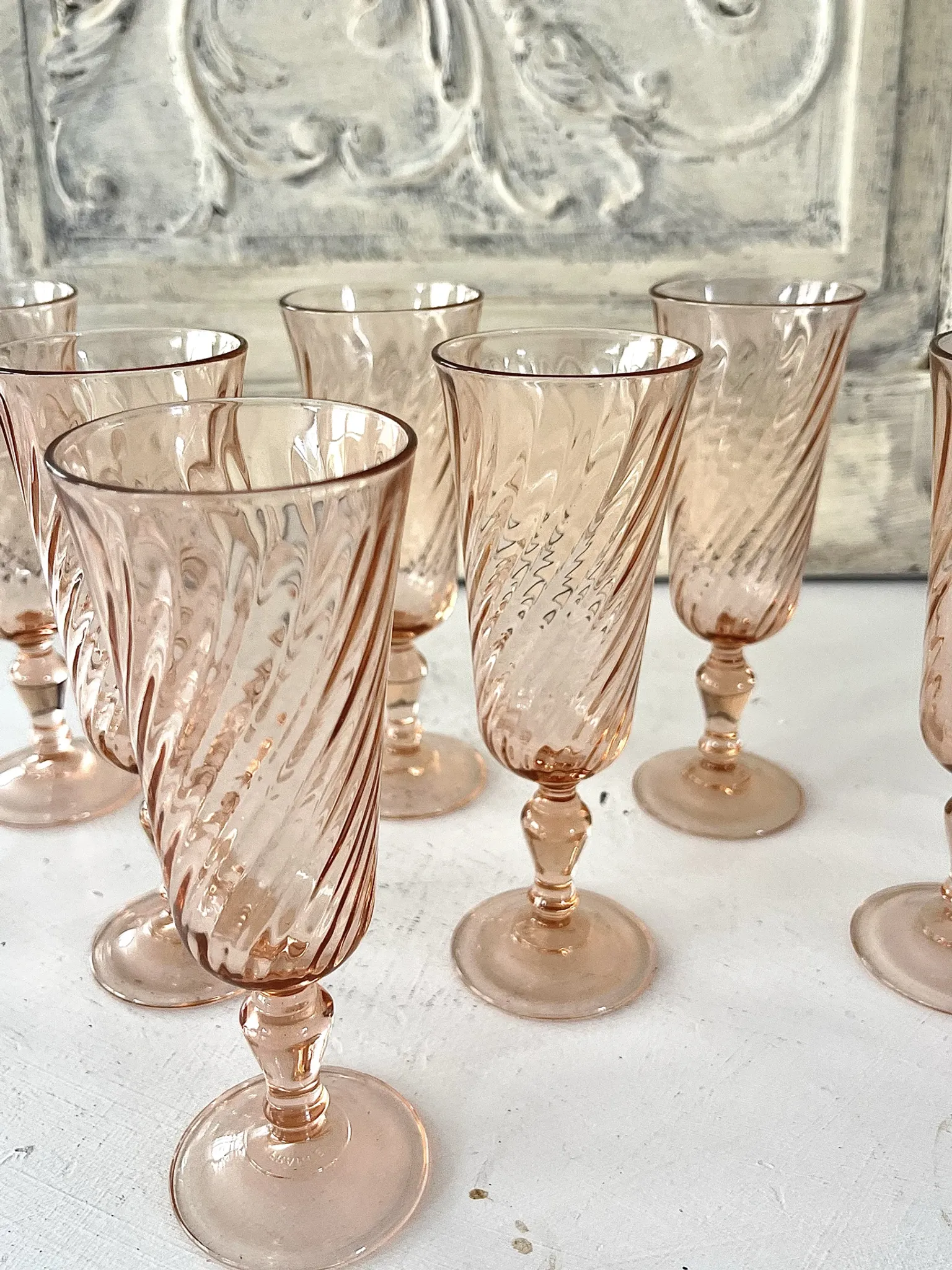 Champagne flutes pink set of 8, French swirl glass stemware rosaline