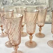 Champagne flutes pink set of 8, French swirl glass stemware rosaline