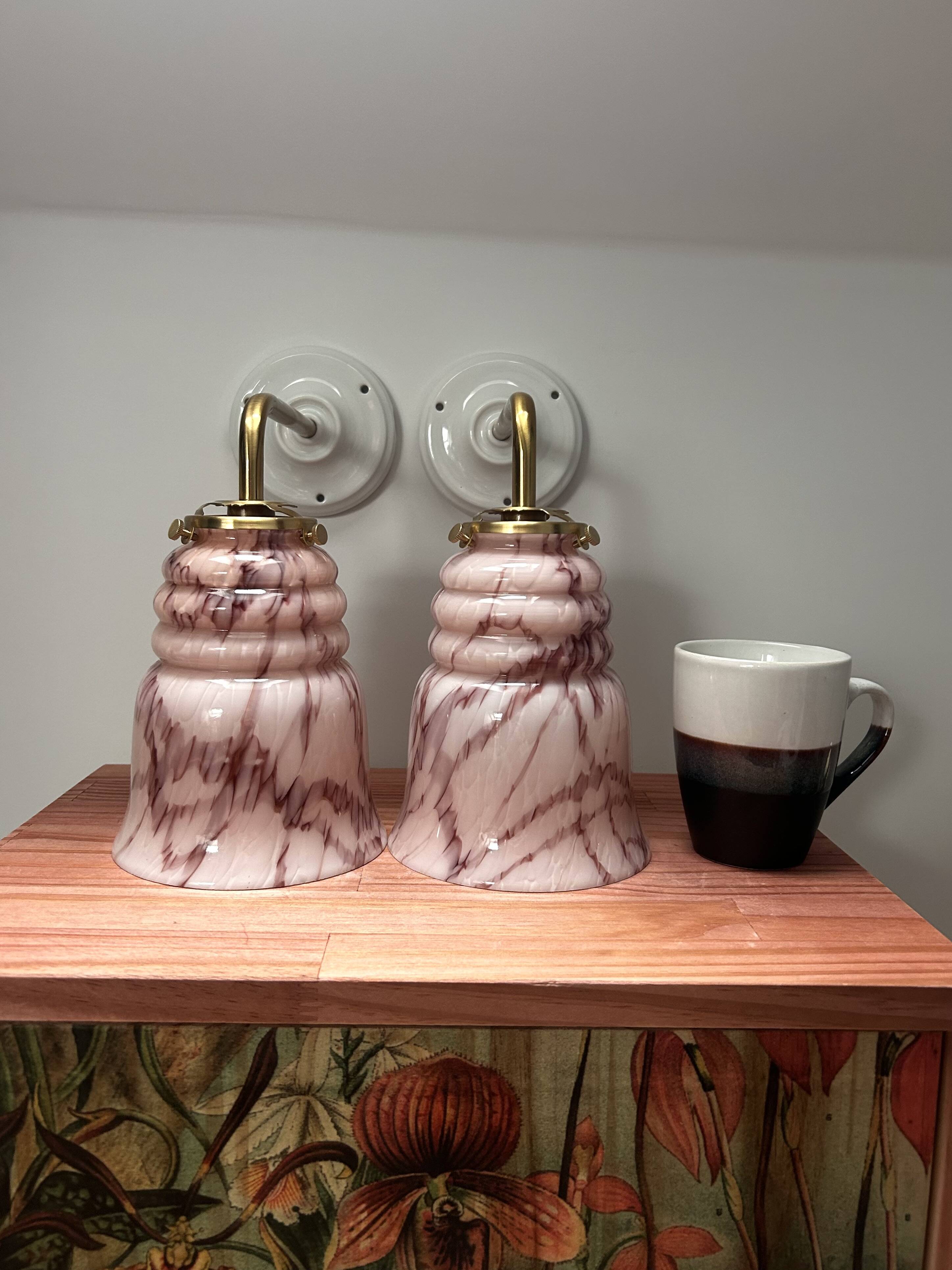 Pair of marbled pink opaline wall lights