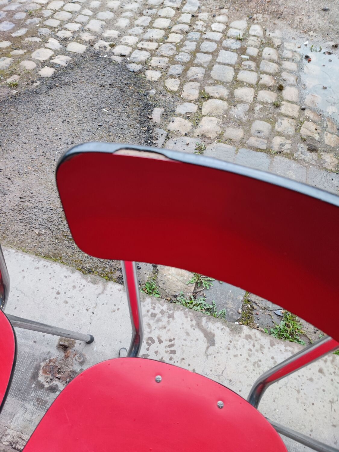 6 red and chrome Formica chairs