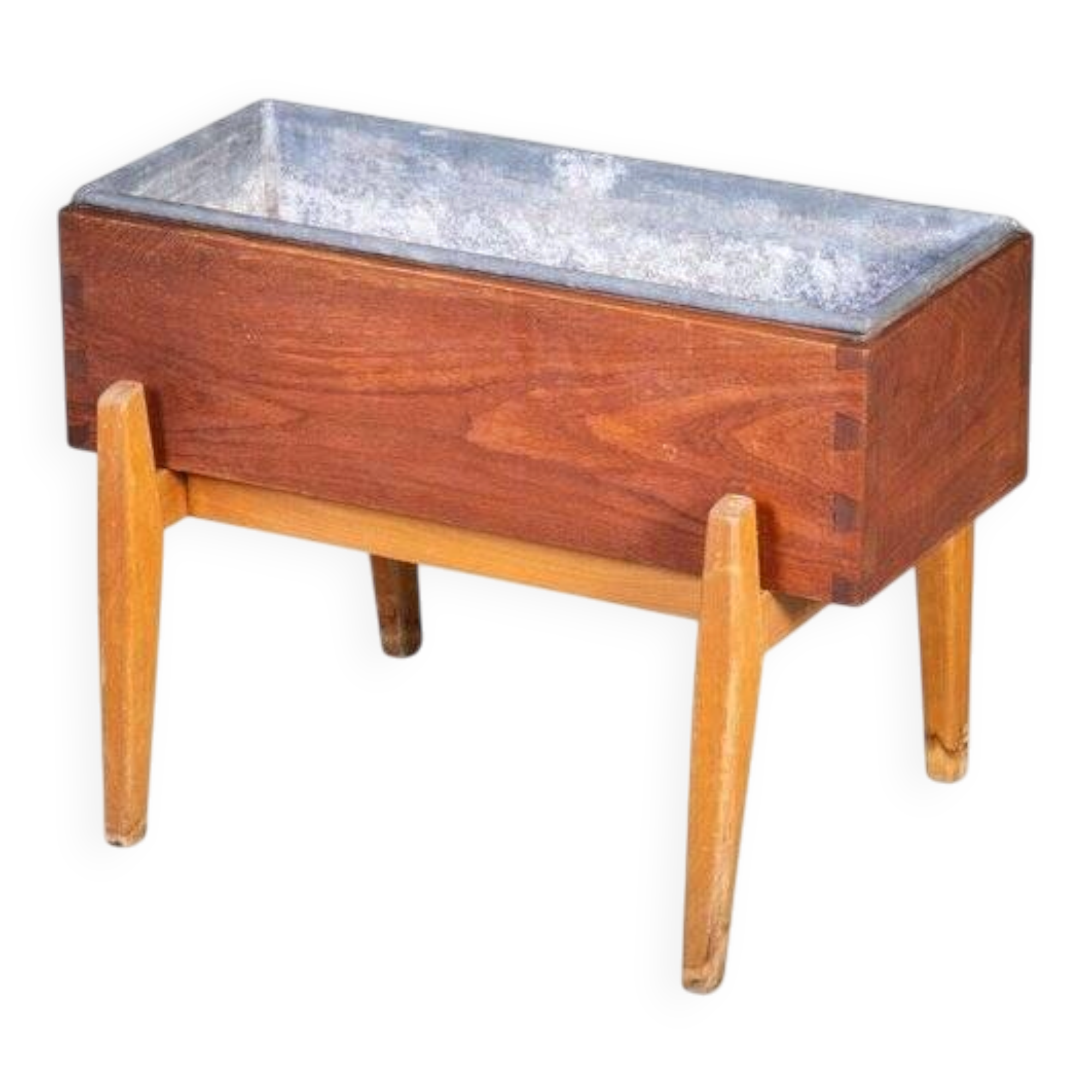 Danish Teak and Beech Planter with Zinc Liner, 1950s