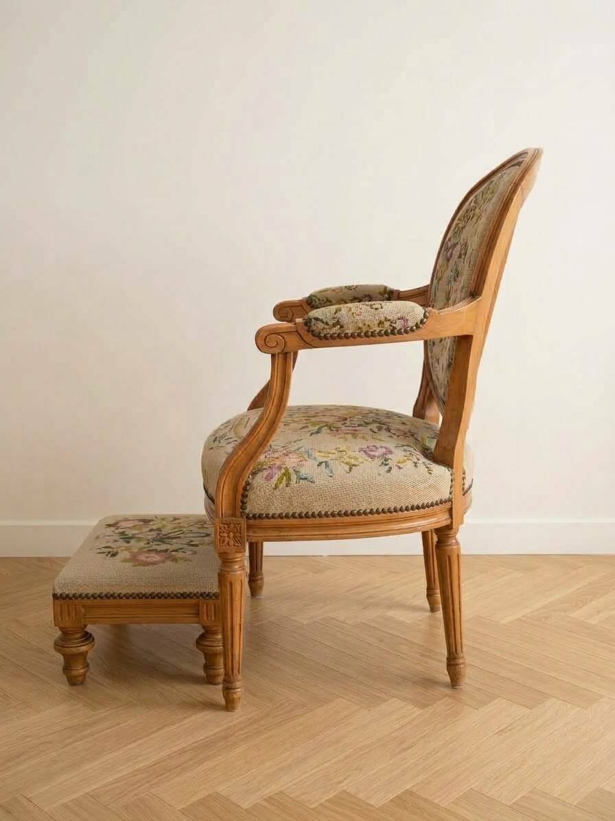 Armchair and footrest set in Louis XVI style