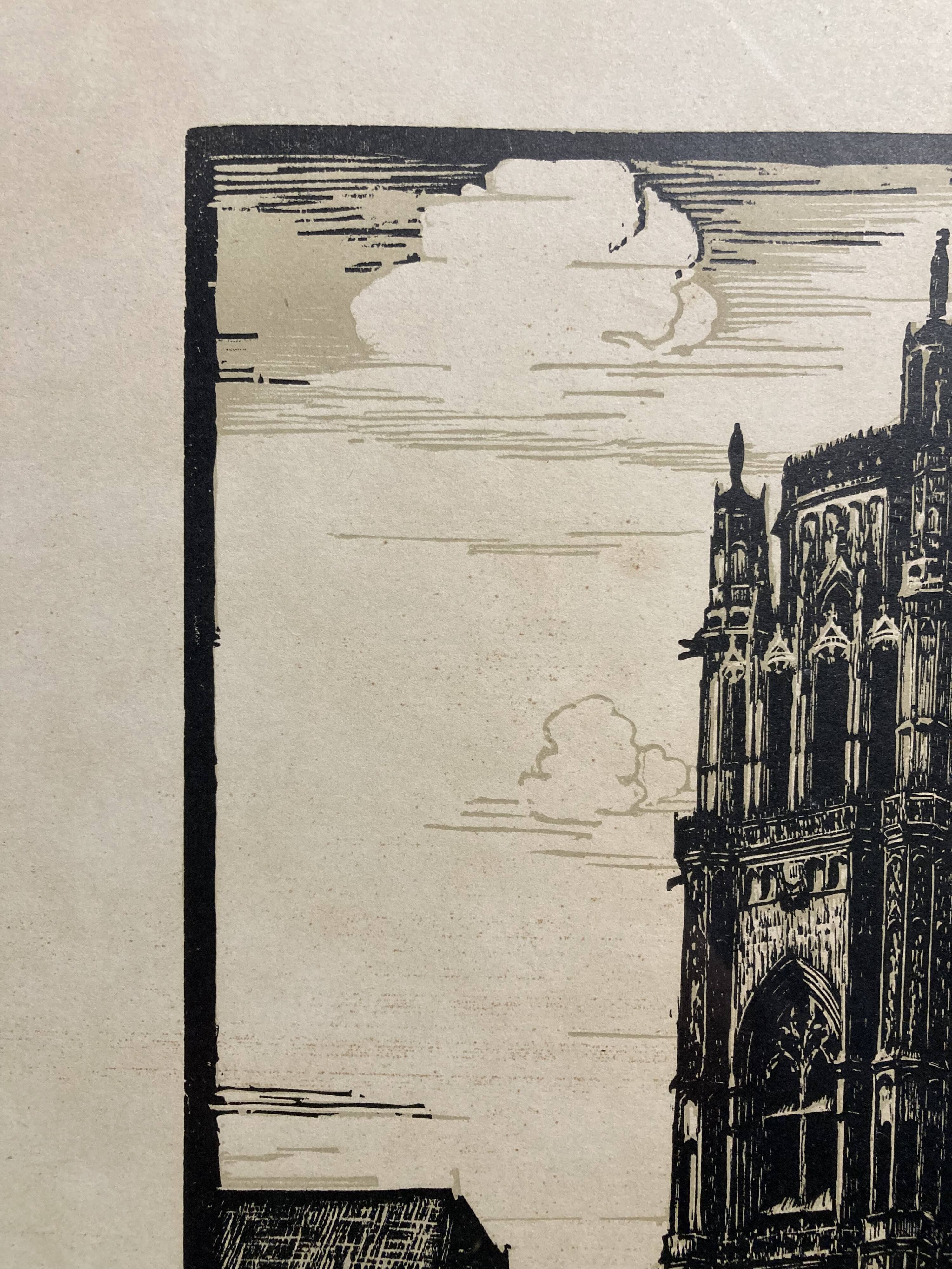 Old illustration of the Cathedral of Rodez, framed.