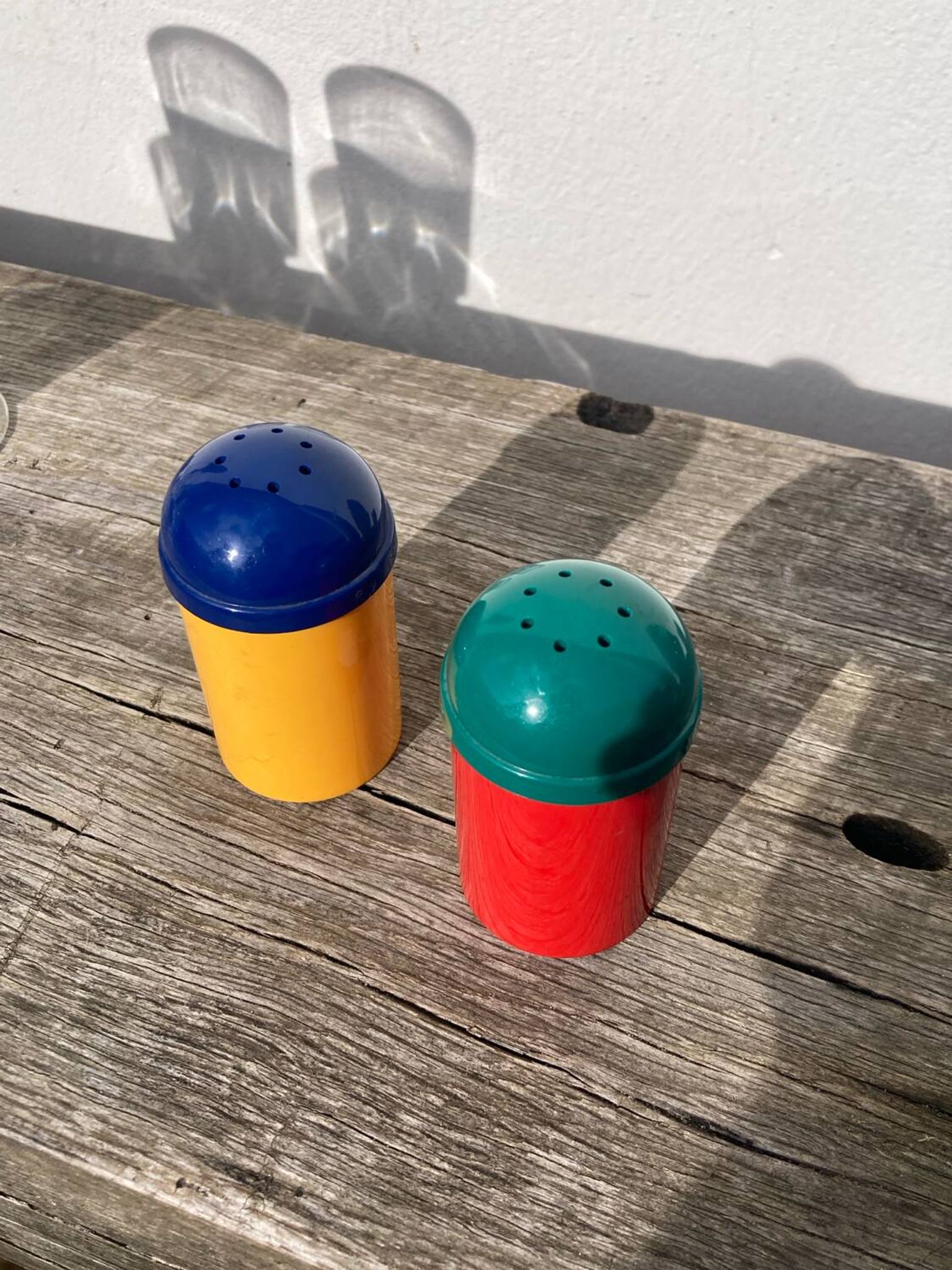 80s multi-colored salt and pepper shakers