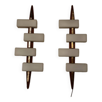 Pair of Arlus wall lights in opaline, teak and vintage brass, 1950s