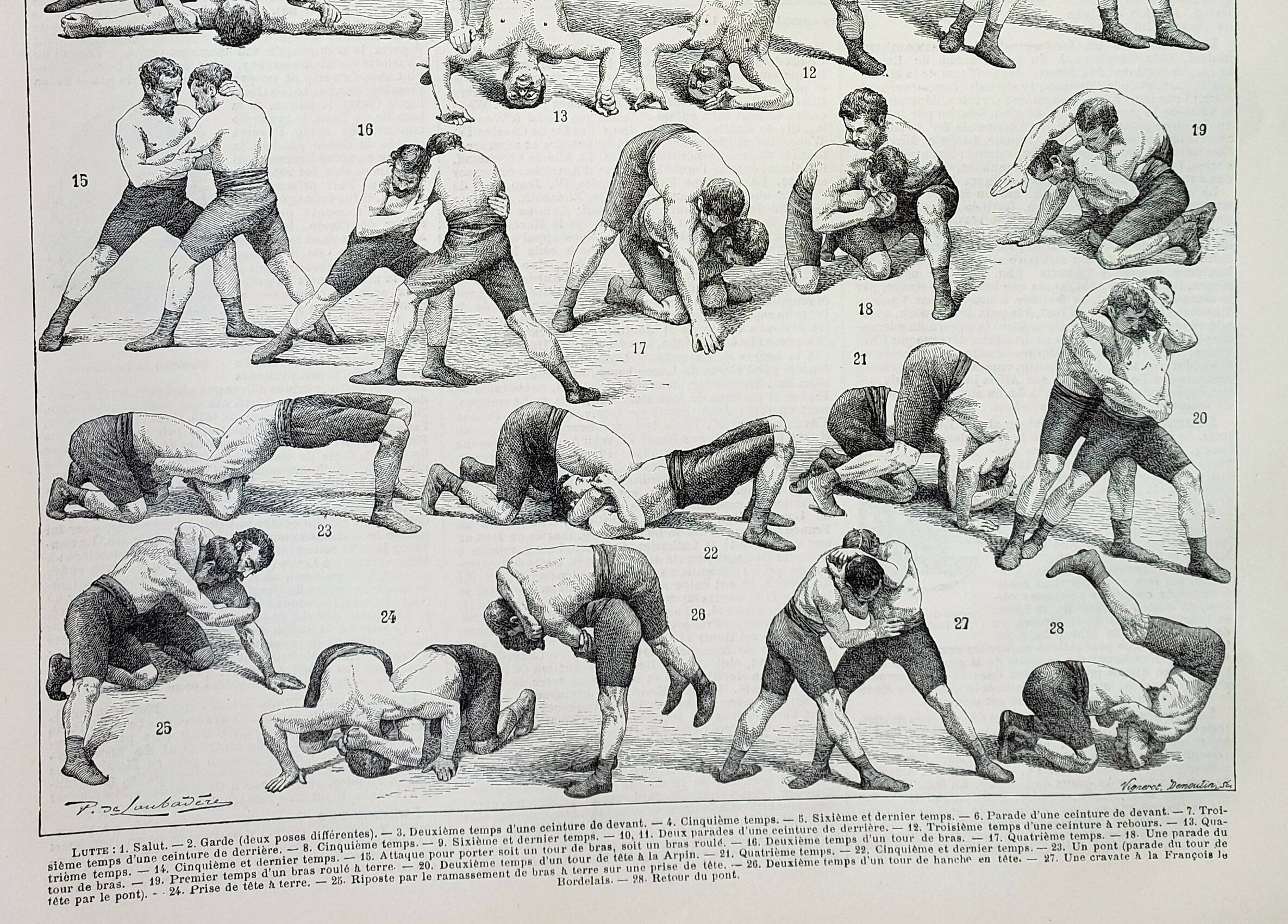 Old engraving 1898, Wrestling, combat sport, boxing • Lithograph, Original plate