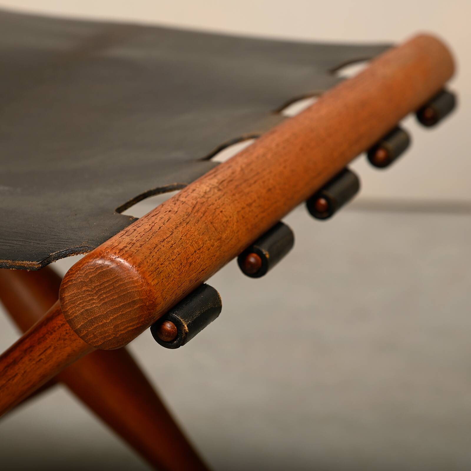 Poul Hundevad PH43 Guldhøj Stool in Teak and Black Leather, Denmark, 1960s