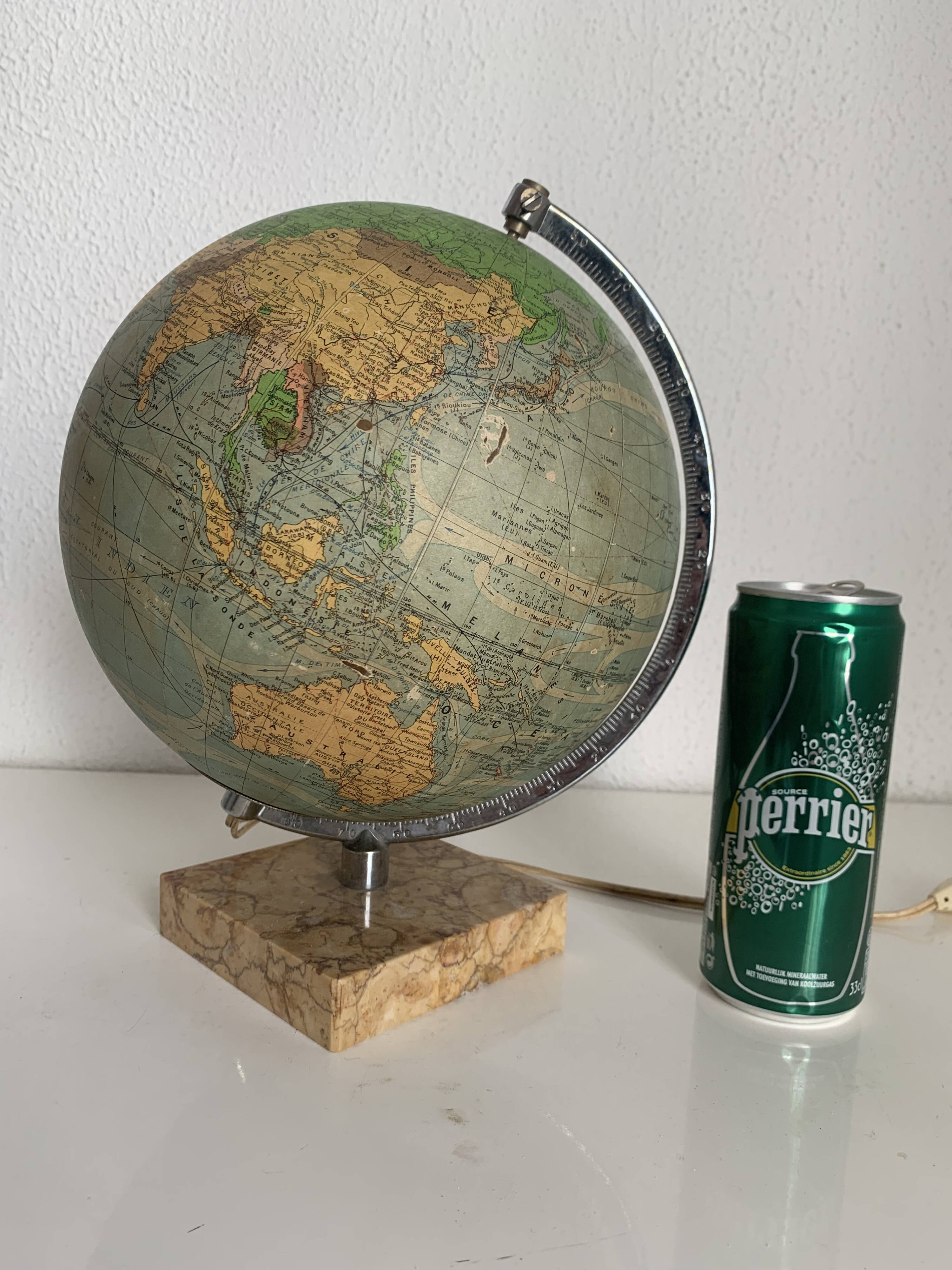 Vintage 1960 terrestrial globe glass Perrina marble world map - 28 cm