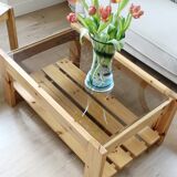 Vintage coffee table in pine and smoked glass, 1970-1980
