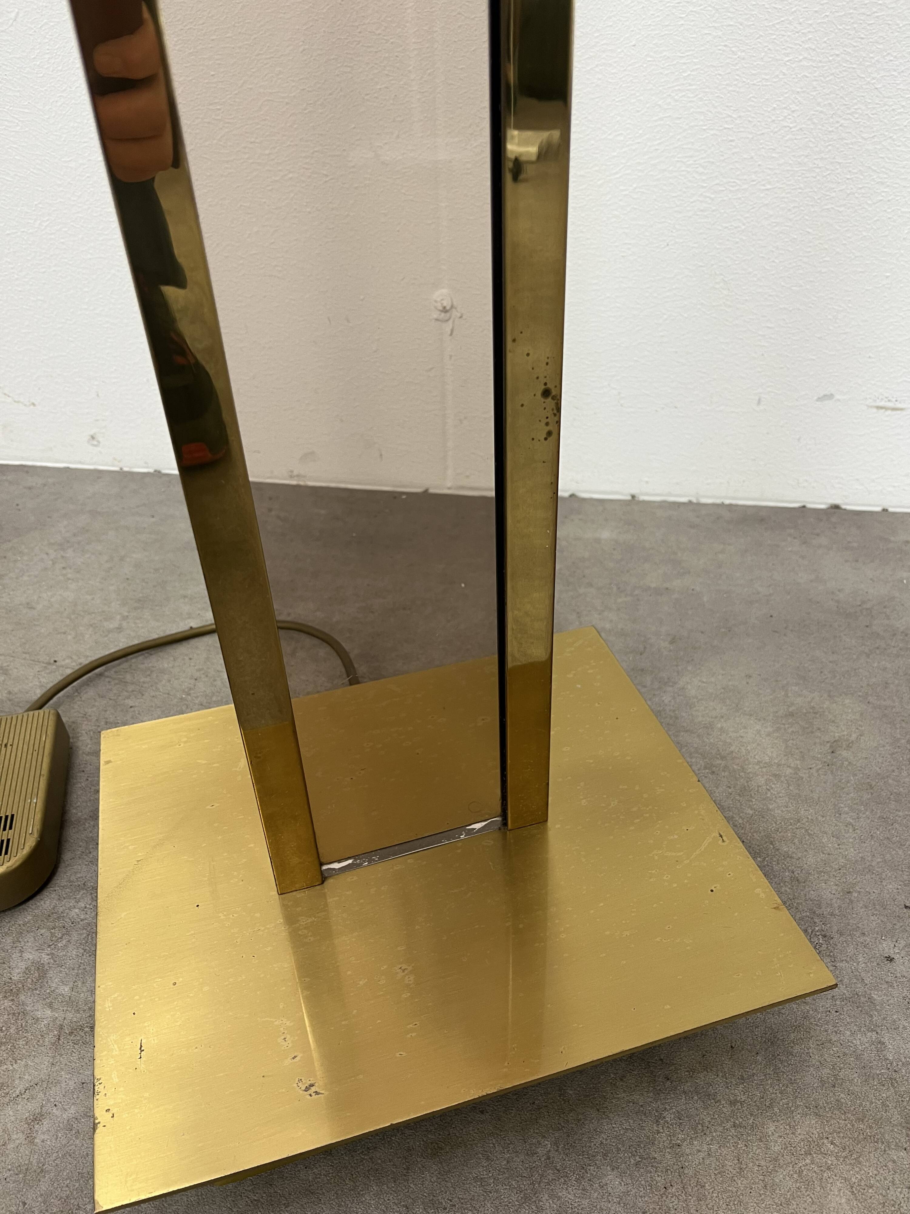 70s floor lamp in brass and smoked plexiglass, Hollywood Regency