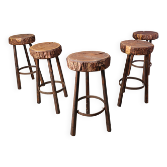 Vintage tree trunk bar stools, 1970s - set of 5