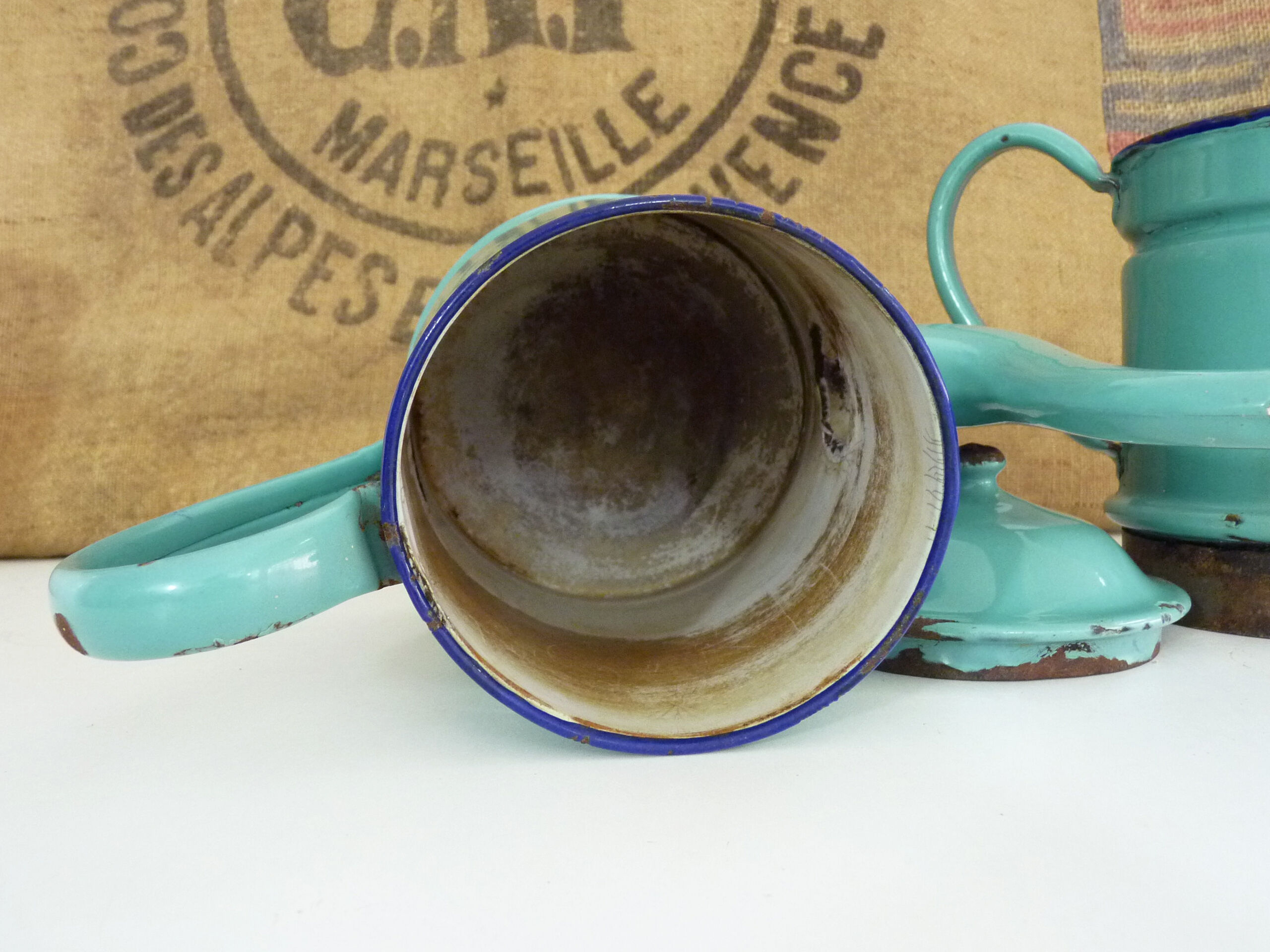 Old coffee maker in pastel blue enamelled sheet