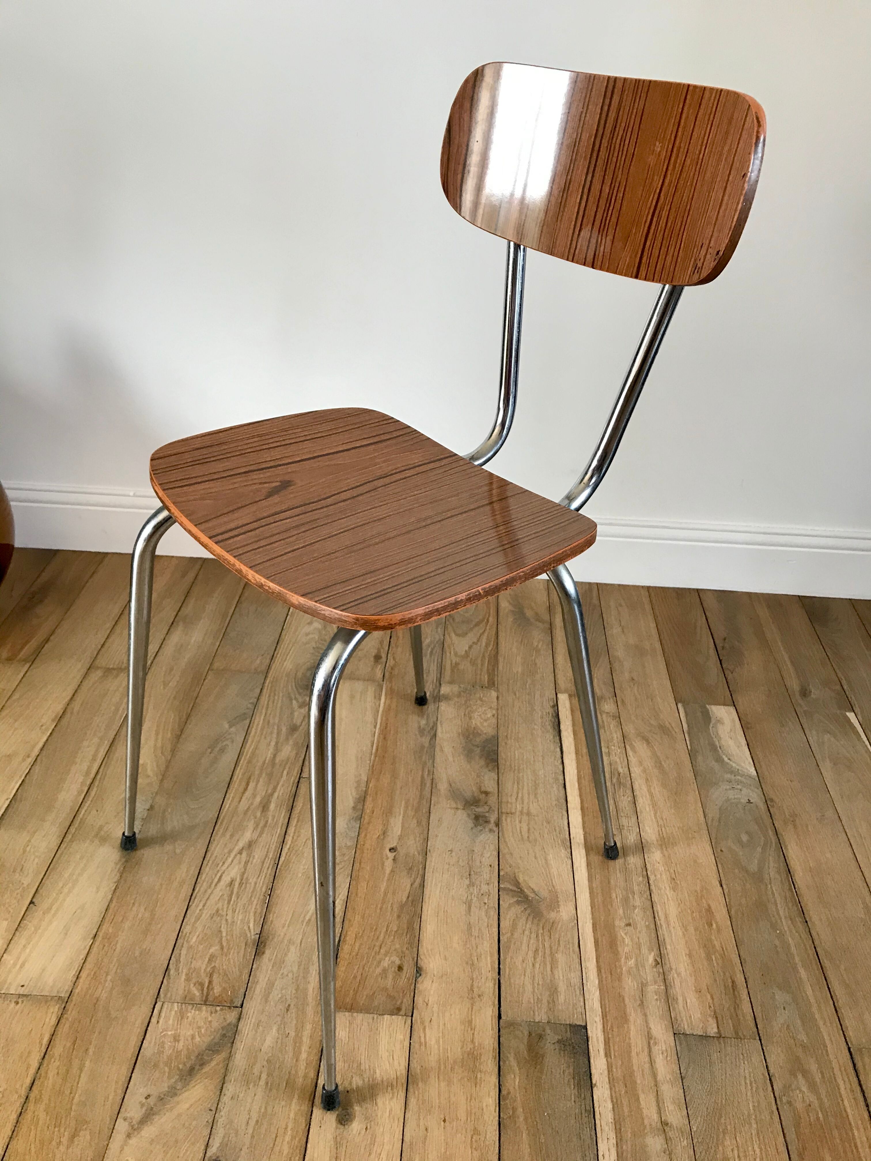 Light brown formica chair and brown tower 70s