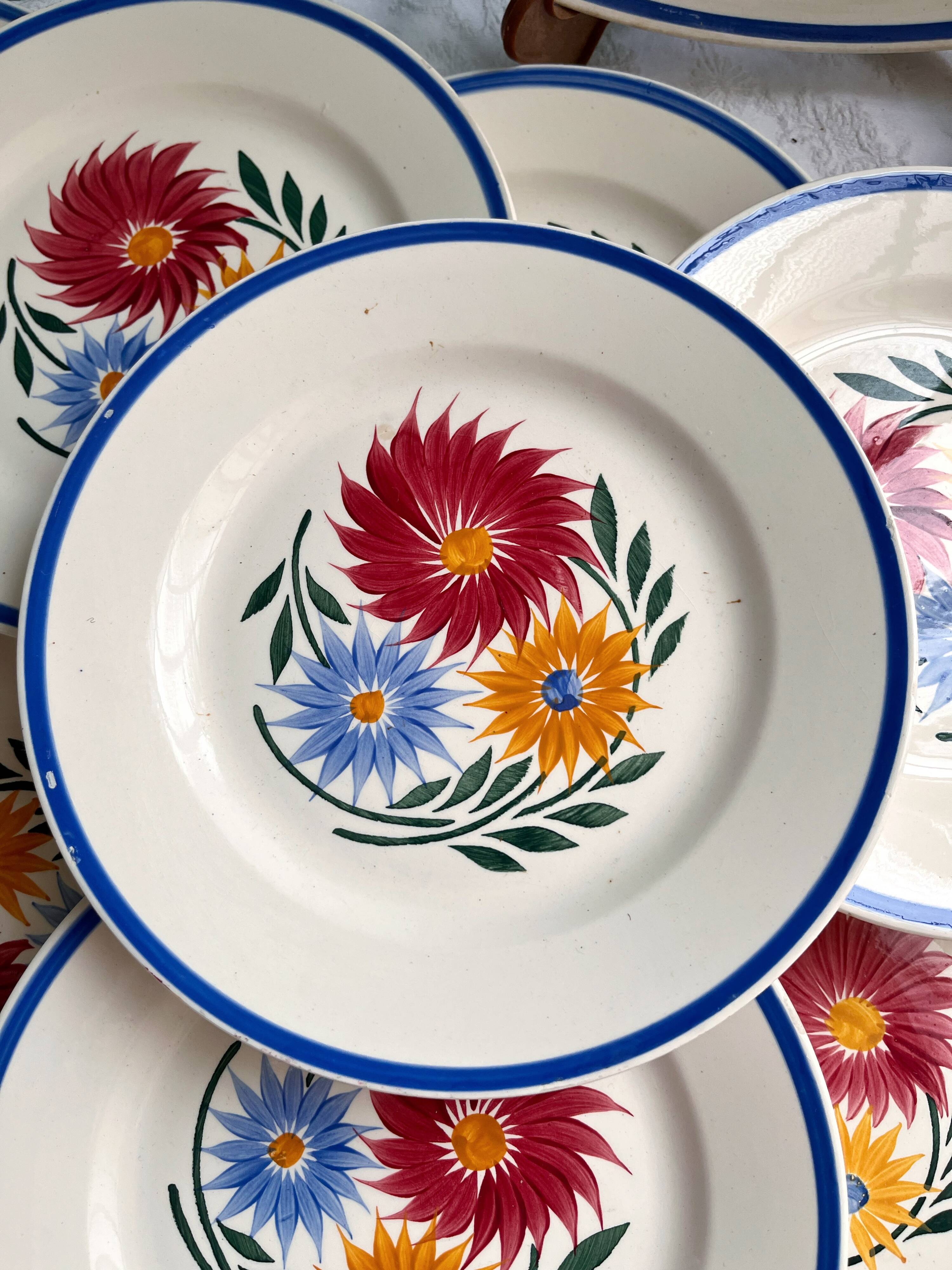 Vintage iron earthenware dessert service - floral model - Rustic HBC Choisy le Roi