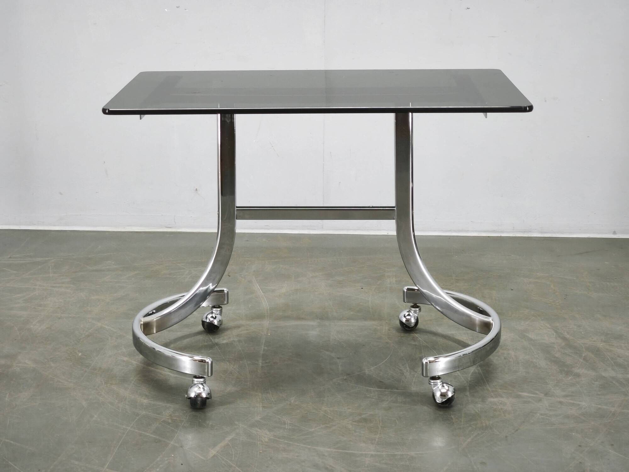 1970s Italian Space Age Chrome and Smoked Glass Rolling Side Table