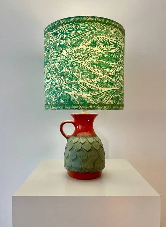 Wireless Jasba table lamp - West German pottery with fish decor | 41 cm