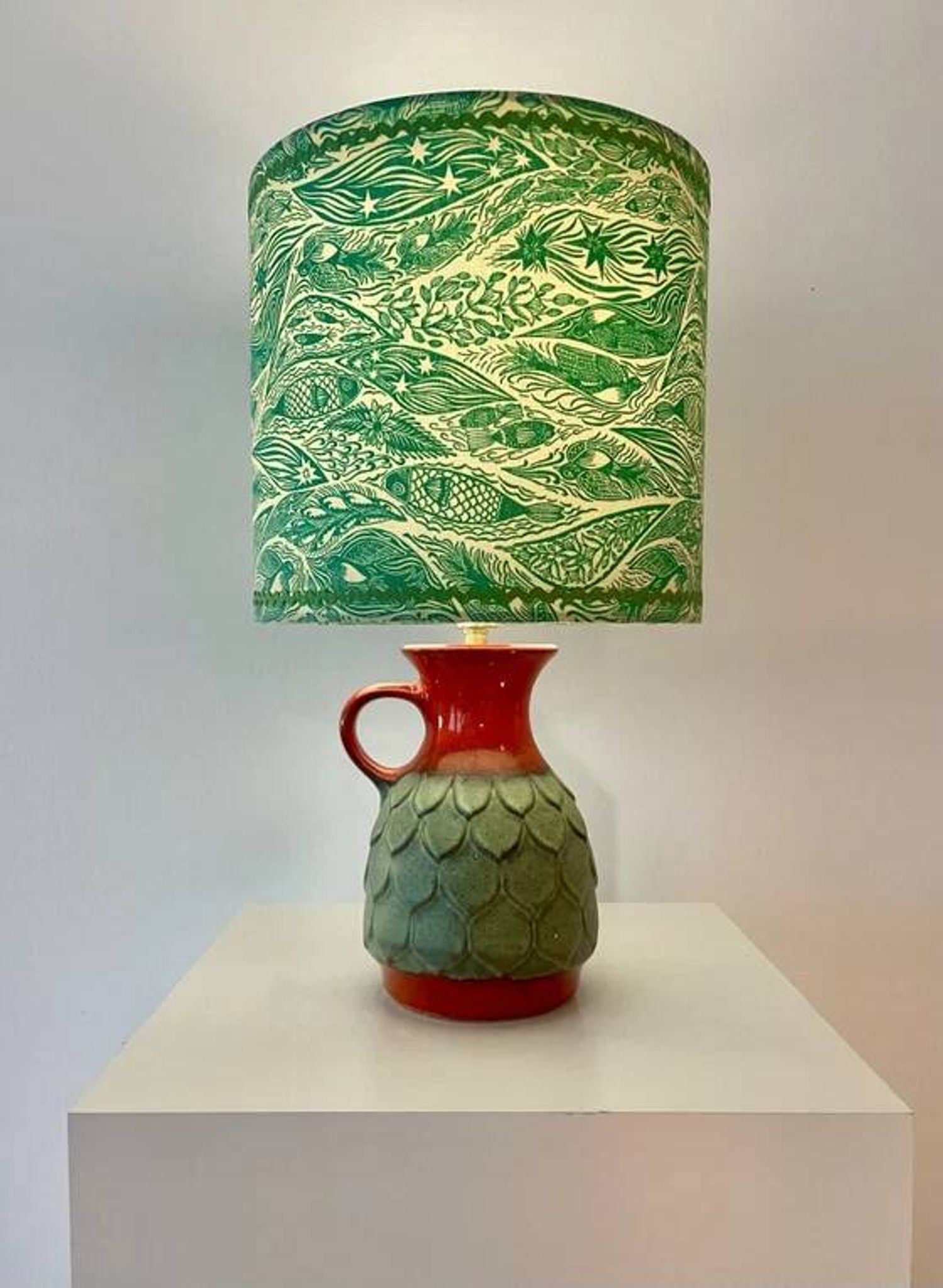 Wireless Jasba table lamp - West German pottery with fish decor | 41 cm