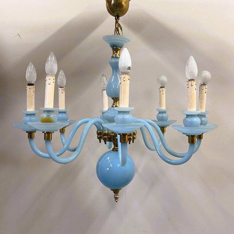 Statement French blue opaline glass chandelier with brass accents, 1960s