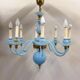Statement French blue opaline glass chandelier with brass accents, 1960s