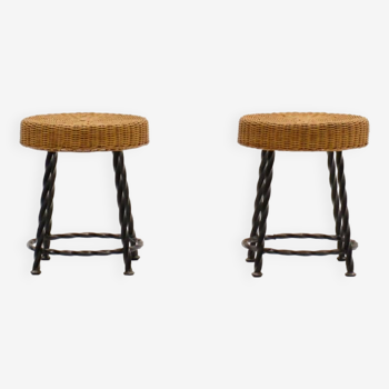 Set of 2 rattan and wrought iron stools, 1970s.