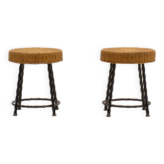 Set of 2 rattan and wrought iron stools, 1970s.