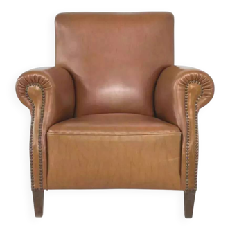 Fauteuil club années 50 en simili cuir et bois