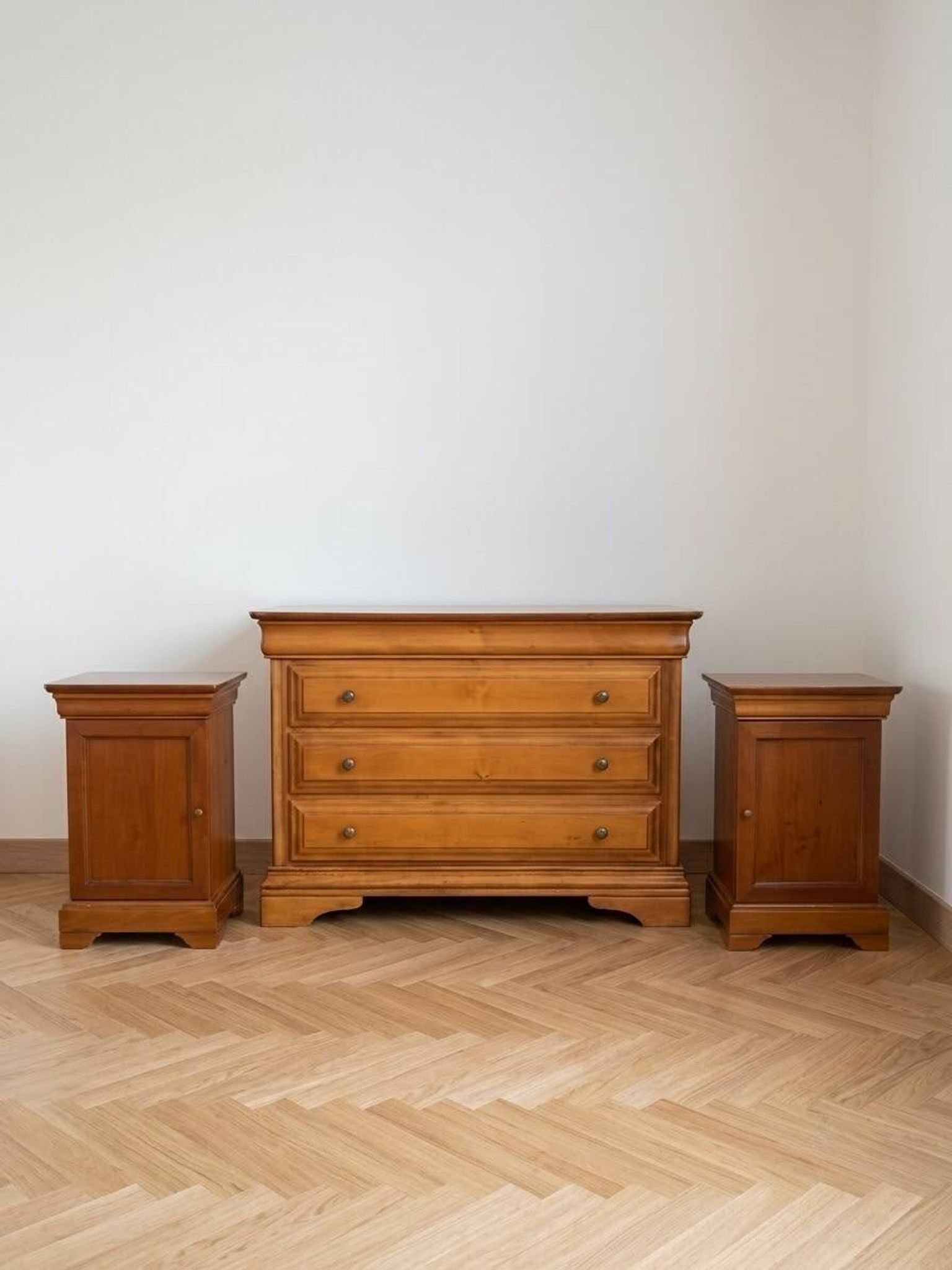 Selling Louis Philippe chest of drawers with secret drawer along with these bedside tables.