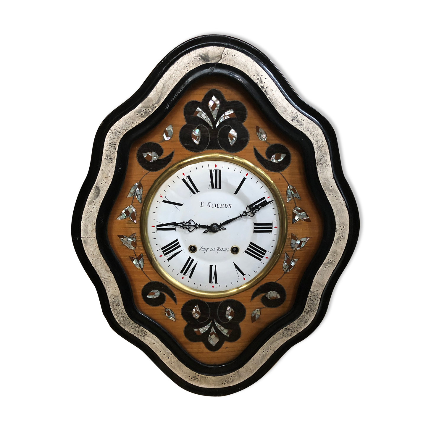 Clock pendulum ox eye wood decoration mother-of-pearl dial enamelled vintage
