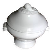 Antique soup tureen, white earthenware, with stopper decoration.